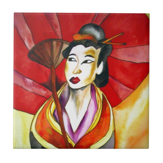 Azulejo De Cerâmica Pintura a aquarela original em Geisha (Frente)