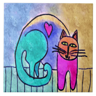Azulejo De Cerâmica Pintura Abstrata de Gato Amor de Gatinho