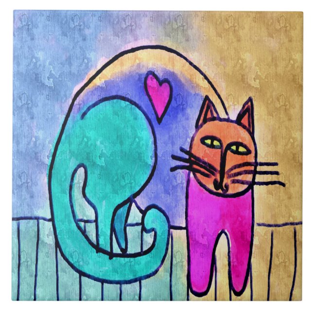 Azulejo De Cerâmica Pintura Abstrata de Gato Amor de Gatinho (Frente)