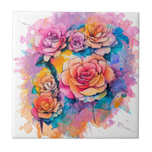 Azulejo De Cerâmica Pintura aquarela moderna borrões Buquê de rosas