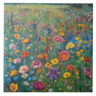 Azulejo De Cerâmica Pintura aquosa em campo de flor selvagem