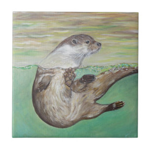 Azulejo De Cerâmica Pintura brincalhão da lontra de rio