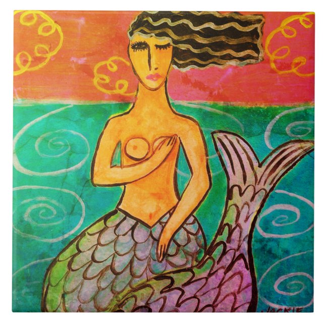 Azulejo De Cerâmica Pintura Colorida de Abstrato Mermaid (Frente)