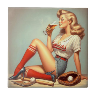 Azulejo De Cerâmica Pintura com Rapariga de Baseball Retroativa