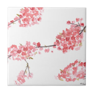 Azulejo De Cerâmica Pintura cor-de-rosa da flor de cerejeira