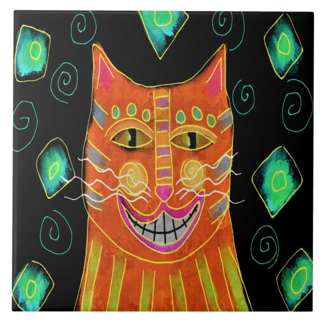 Azulejo De Cerâmica Pintura de Abstrato de Gato Laranja Sorridente (Frente)