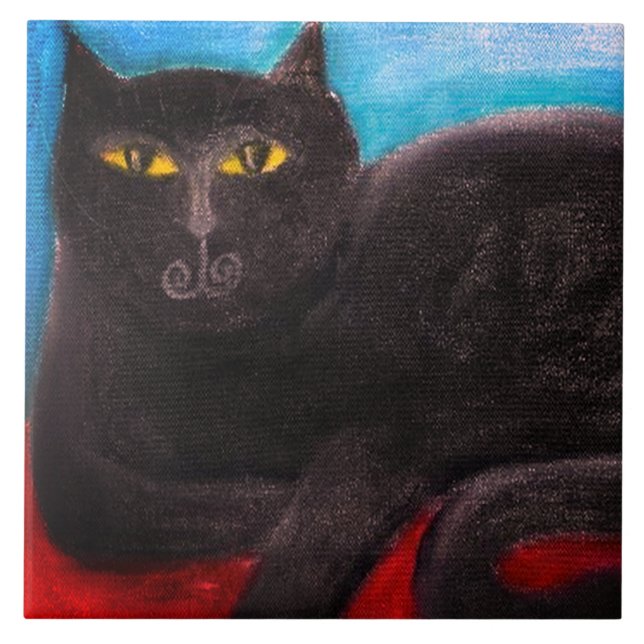 Azulejo De Cerâmica Pintura de Abstrato de Gato Negro (Frente)