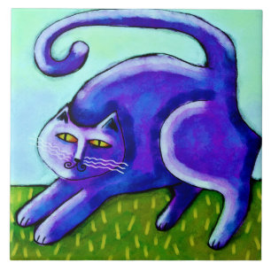 Azulejo De Cerâmica Pintura de Abstrato de Gato Roxo Feliz