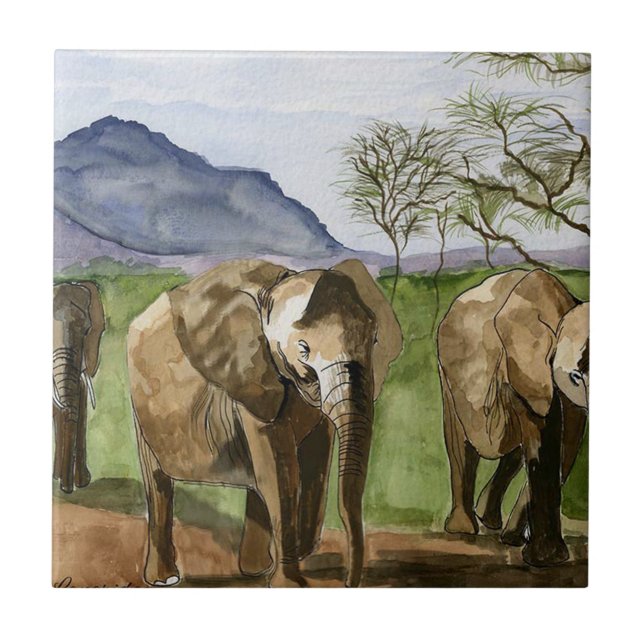 Azulejo De Cerâmica Pintura de Aquarela de Elefantes Africanos (Frente)