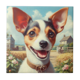 Azulejo De Cerâmica Pintura de Fox Terrier com Toy