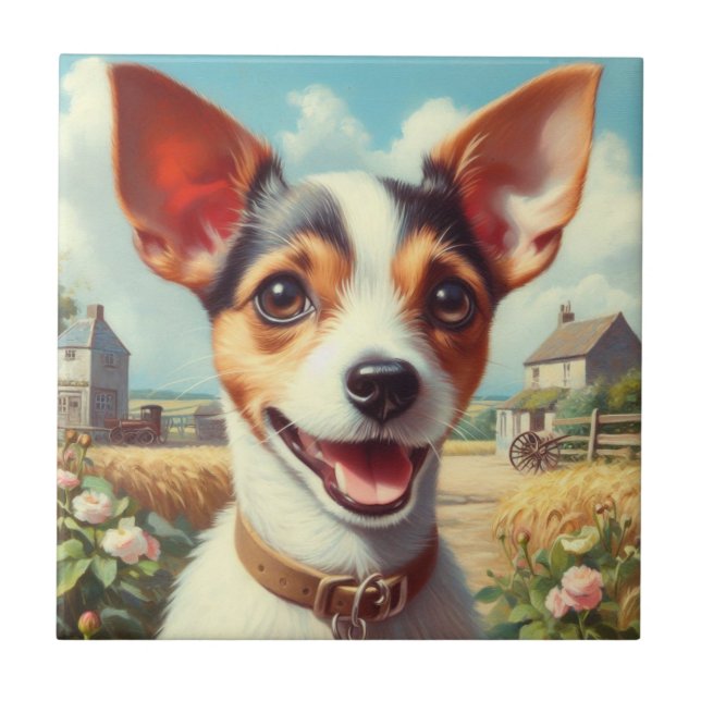 Azulejo De Cerâmica Pintura de Fox Terrier com Toy (Frente)