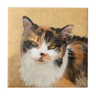 Azulejo De Cerâmica Pintura De Gato Calico - Arte De Gato Original Bon