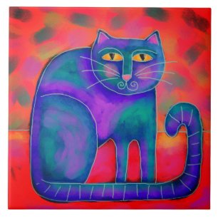Azulejo De Cerâmica Pintura de Gato Digital Abstrata Original