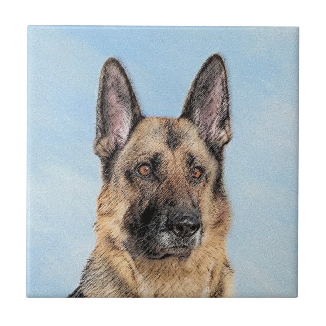 Azulejo De Cerâmica Pintura de german shepherd - Arte de Cachorro Orig (Frente)