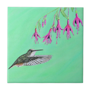 Azulejo De Cerâmica Pintura de Hummingbird e Fuchsia