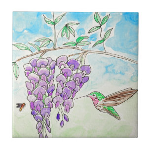 Azulejo De Cerâmica Pintura de Hummingbird e Wisteria