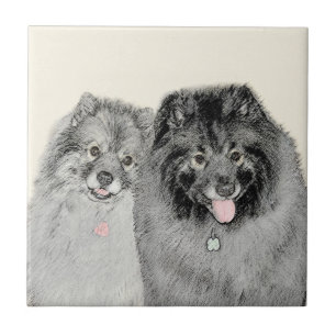 Azulejo De Cerâmica Pintura de Keeshond, Mãe e Filho - Arte Original