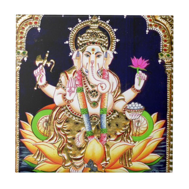AZULEJO DE CERÂMICA  PINTURA DE LOTUS GANESHA TANJORE (Frente)