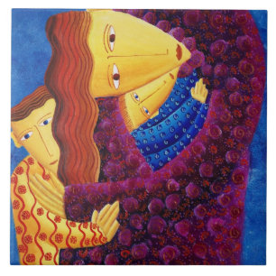 Azulejo De Cerâmica Pintura de Mãe e Filhos Família Arte Cerâmica Azul