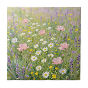Azulejo De Cerâmica Pintura de Prado de Flores Silvestres Pastel