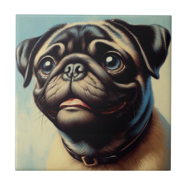 Azulejo De Cerâmica Pintura de Pug Retro (Frente)