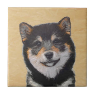 Azulejo De Cerâmica Pintura de Shiba Inu (Preto e Latão) - Arte Canina