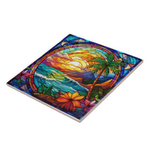 Azulejo De Cerâmica pintura de vidro colorido em praia tropical