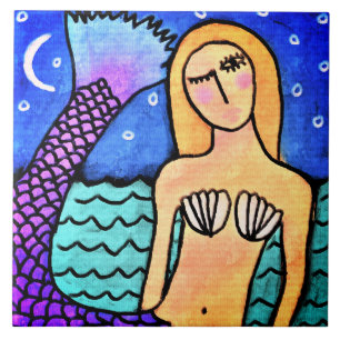 Azulejo De Cerâmica Pintura Digital Abstrata de Sereia Noturna
