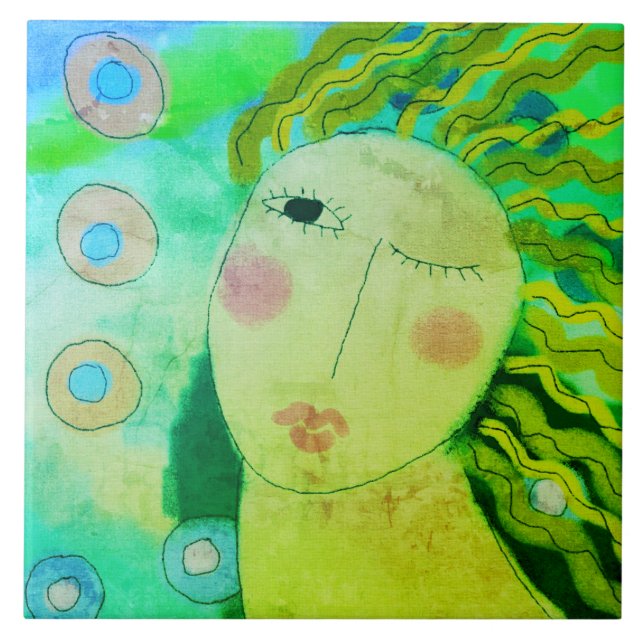 Azulejo De Cerâmica Pintura Digital Abstrata Original de uma Mulher (Frente)