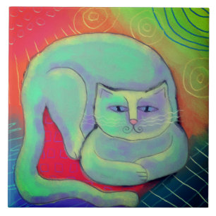 Azulejo De Cerâmica Pintura digital Abstrato de Gatinho feliz