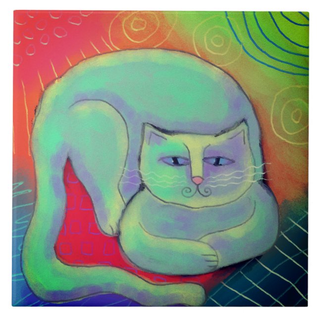 Azulejo De Cerâmica Pintura digital Abstrato de Gatinho feliz (Frente)