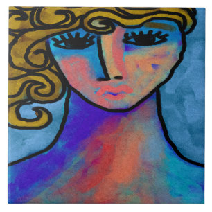 Azulejo De Cerâmica Pintura digital Abstrato de mulher azul