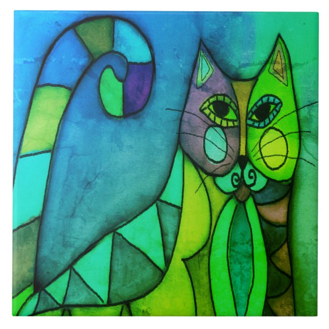Azulejo De Cerâmica Pintura digital Abstrato do Calico Cat (Frente)