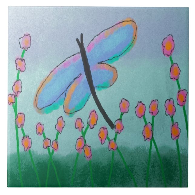 Azulejo De Cerâmica Pintura digital Abstrato Dragonfly azul (Frente)