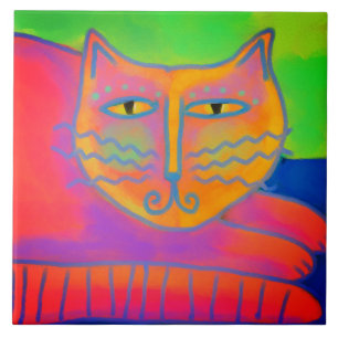 Azulejo De Cerâmica Pintura digital com Abstrato de gato rosa quente