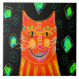 Azulejo De Cerâmica Pintura Digital Laranja de Gato Sorridente