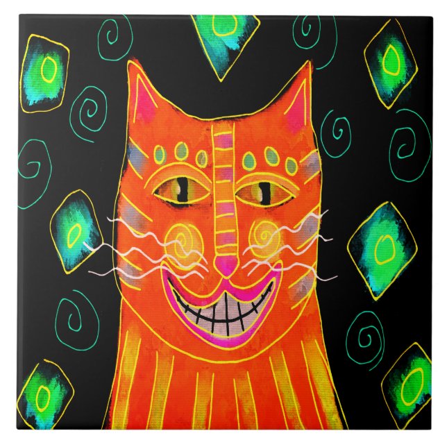 Azulejo De Cerâmica Pintura Digital Laranja de Gato Sorridente (Frente)