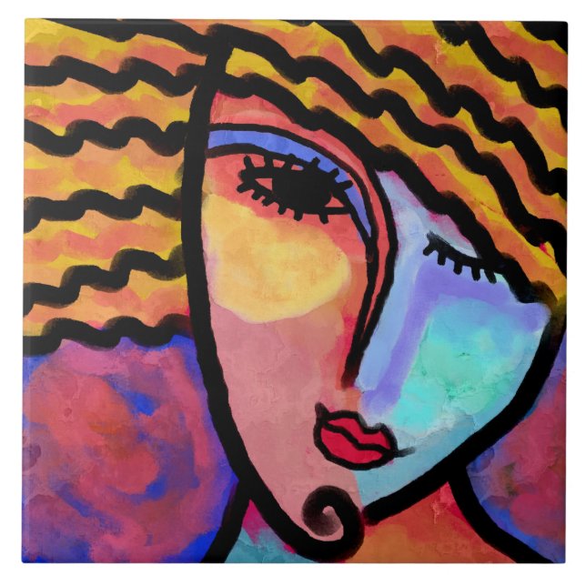 Azulejo De Cerâmica Pintura digital Sly Grin Abstrato de uma Mulher (Frente)