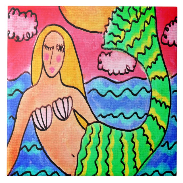 Azulejo De Cerâmica Pintura digital Sunset Mermaid Abstrato (Frente)