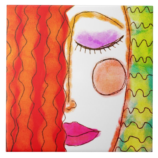 Azulejo De Cerâmica Pintura digital Wavy Red Hair Abstrato (Frente)