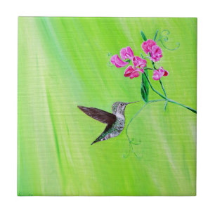 Azulejo De Cerâmica Pintura do colibri e das ervilhas doces
