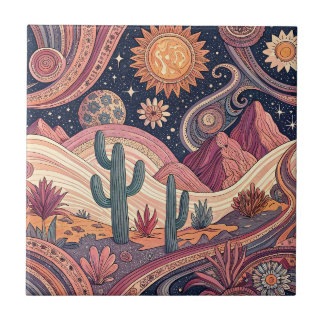 Azulejo De Cerâmica Pintura do pôr do sol do deserto psicodélico retrô