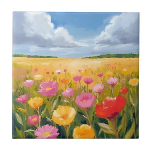 Azulejo De Cerâmica Pintura em aquarela da paisagem do campo de flores