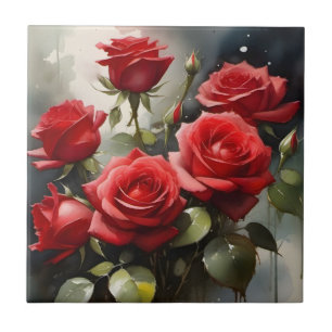 Azulejo De Cerâmica Pintura em aquarela de rosas vermelhas bonitas