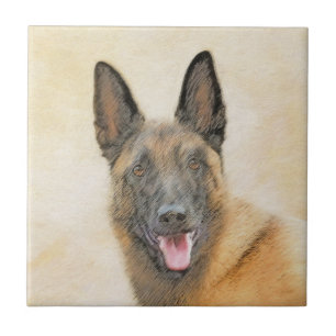 Azulejo De Cerâmica Pintura em Malinois Belga - Arte Cachorra Original