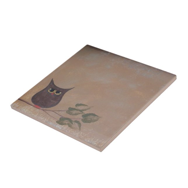 Azulejo De Cerâmica Pintura Folk Primitiva Coruja Acrílica (Lateral)