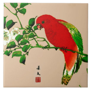 Azulejo De Cerâmica Pintura japonesa de papagaio, vermelho e verde