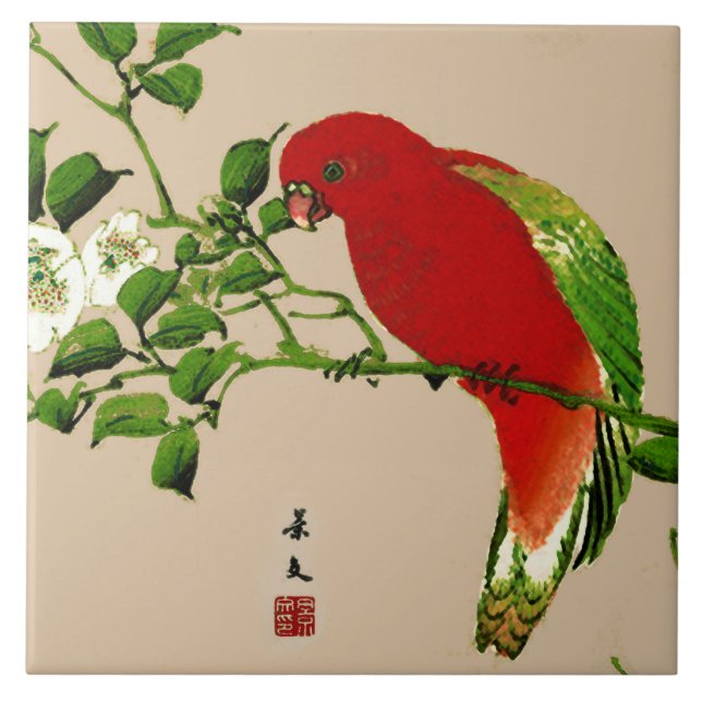 Azulejo De Cerâmica Pintura japonesa de papagaio, vermelho e verde (Frente)