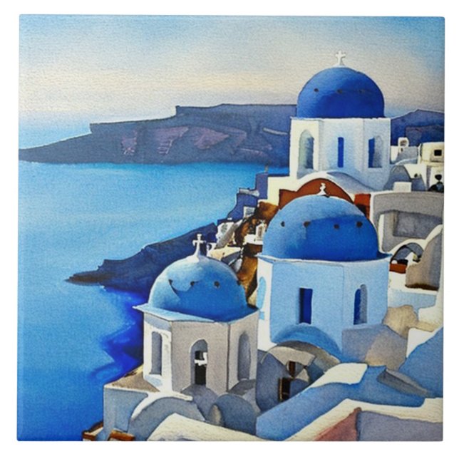 Azulejo De Cerâmica Pintura por Aquarela da Grécia Santorini (Frente)
