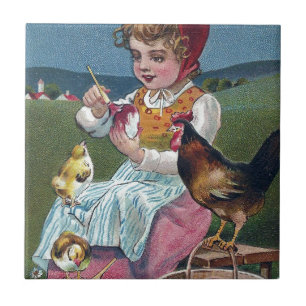 Azulejo De Cerâmica Pintura Vintage de Páscoa de Menina com Galinhas